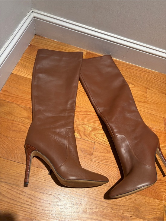Nine West Shoes - Nine West Brown Leather Knee-High Pointed-Toe Stiletto Boots